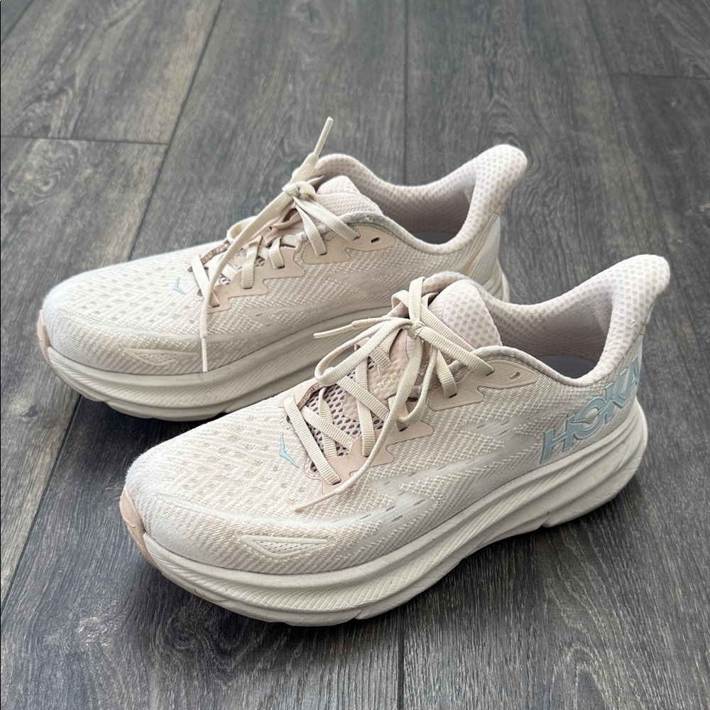 Hoka Cream and Blue Athletic Shoes